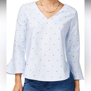 Seven sisters Sz M blue white pin stripe stars detailing V neck 3/4 sleeves top